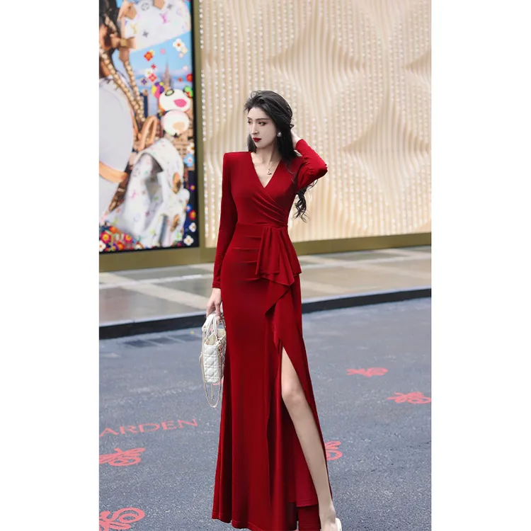 【尤克菲儿】“火焰权杖”轻奢气质优雅高定醋酸修身高腰显瘦连衣裙