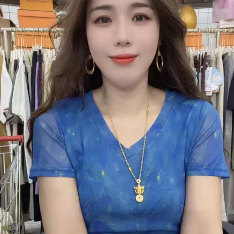 蓝色网纱V领t恤女装夏季薄款修身弹力内搭洋气短袖上衣A2140