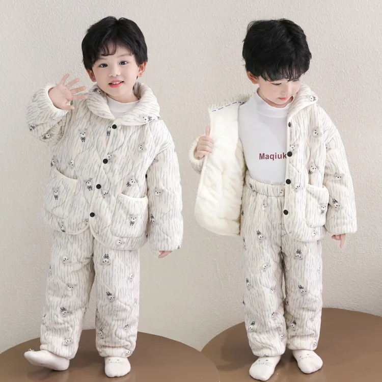 男童睡衣套装冬季加厚三层夹棉宝宝新款法兰绒冬款儿童保暖家居服