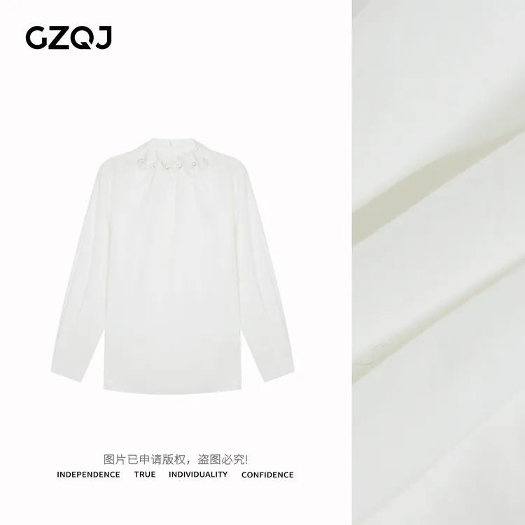 老琴私服【珍珠少女】洋气设计款褶皱立领文艺衬衫春季上衣女31193