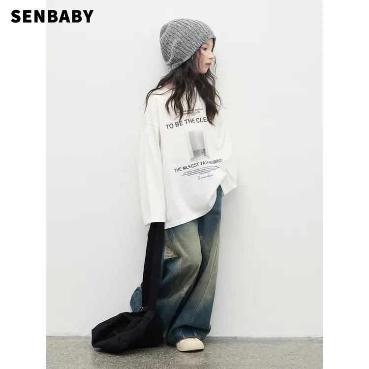 【现货】senbaby童装 女童长袖T恤百搭秋季洋气宽松上衣时尚印花T