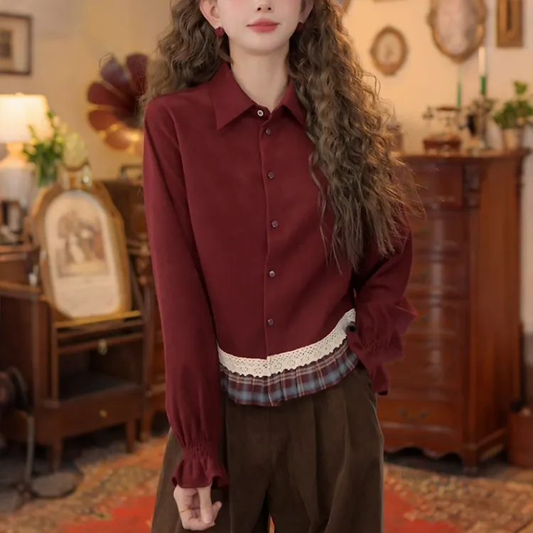 复古港风设计感长袖衬衫女2025秋冬季小众不撞款蕾丝格子拼接上衣