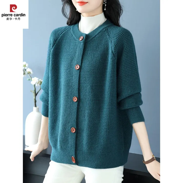中年妈妈秋冬圆领羊毛衫针织开衫女宽松大码纯色外搭上衣毛衣外套