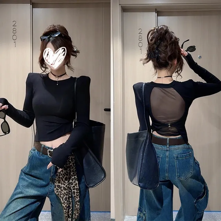 痞帅炸街风女装圆领网纱露背长袖T恤秋季修身显瘦独特漂亮小上衣