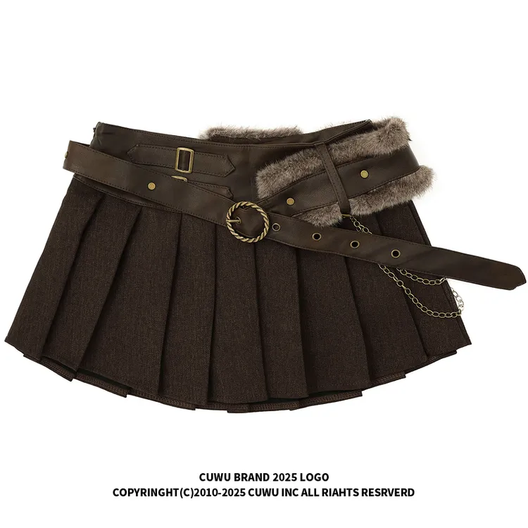 cuwu辣妹风毛毛腰封咖色半身裙女秋冬高腰百褶裙显瘦辣妹A字短裙