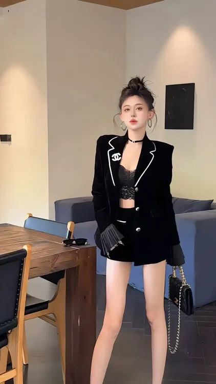 【辣辣的程】秋季天鹅绒时尚套装洋气轻熟风