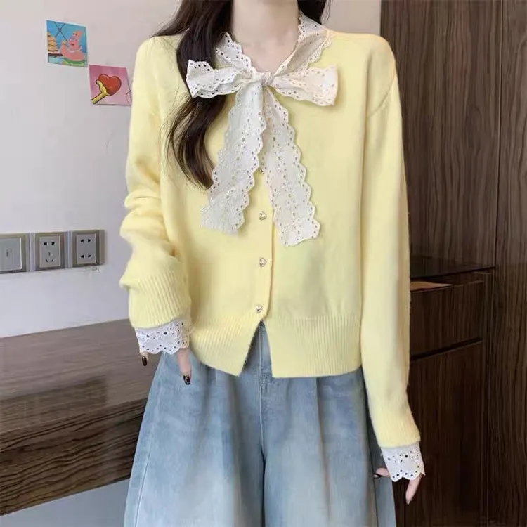 奶呼呼蕾丝蝴蝶结针织衫女春秋新款时尚百搭显瘦毛衣外套女上衣潮