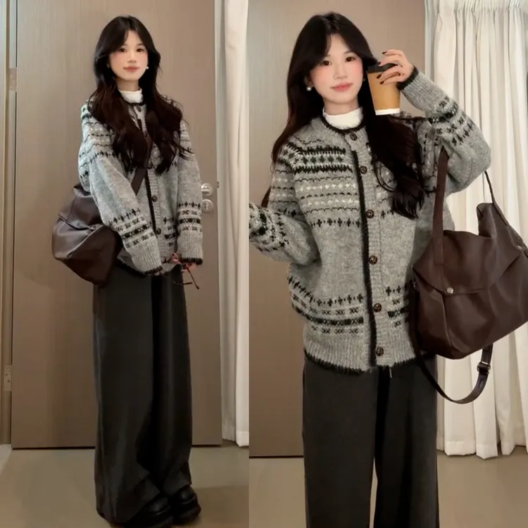 韩系针织开衫小香风复古套装秋冬季毛衣裤子两件套ootd穿搭一整套