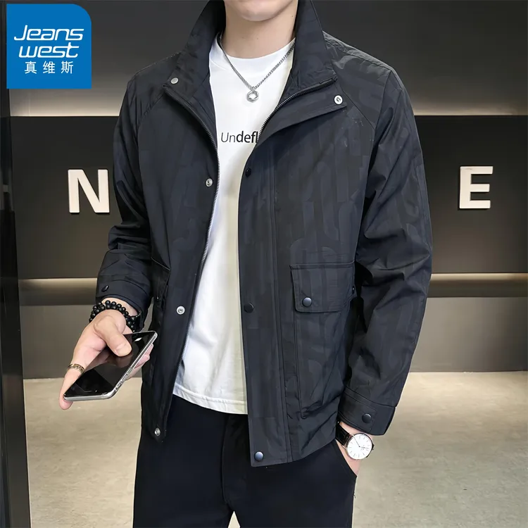 真维斯Jeanswest/男士薄款印花外套休闲韩版潮流夹克新款修身立领