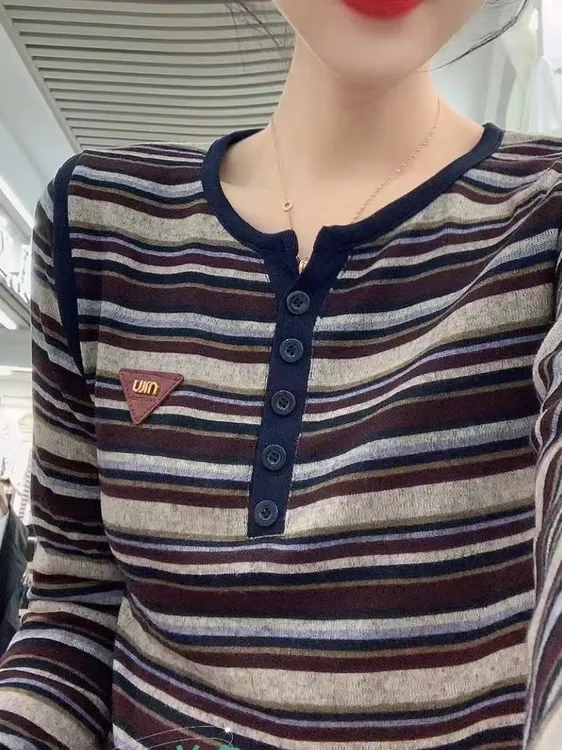 常规圆领宽松型条纹时尚女装针织秋季长袖针织毛针织衫