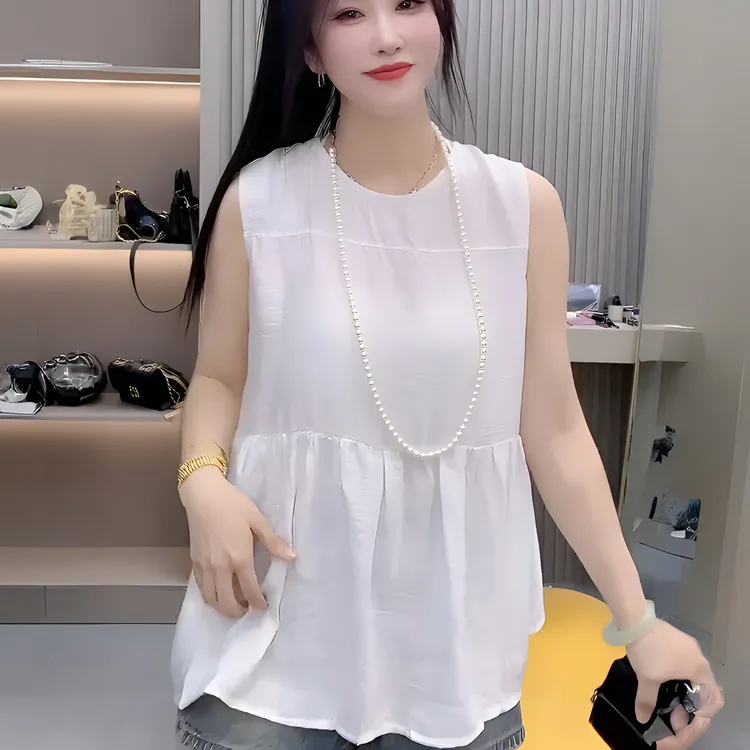 2025新款简约设计感腰围捏褶垂感洋气百搭减龄纯色圆领无袖打底衫