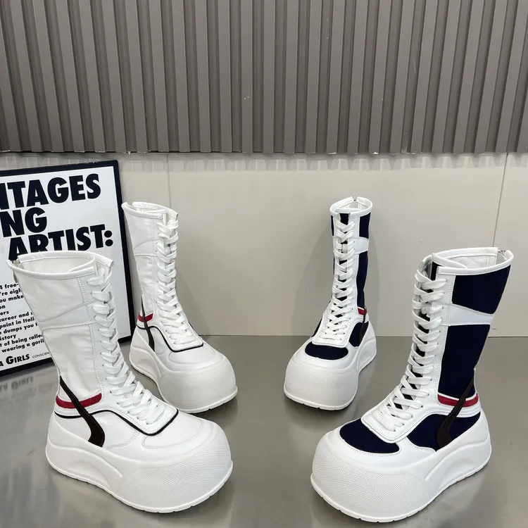 春夏季女休闲风松糕底防滑圆头短靴厚底潮流靴子透气百搭系带