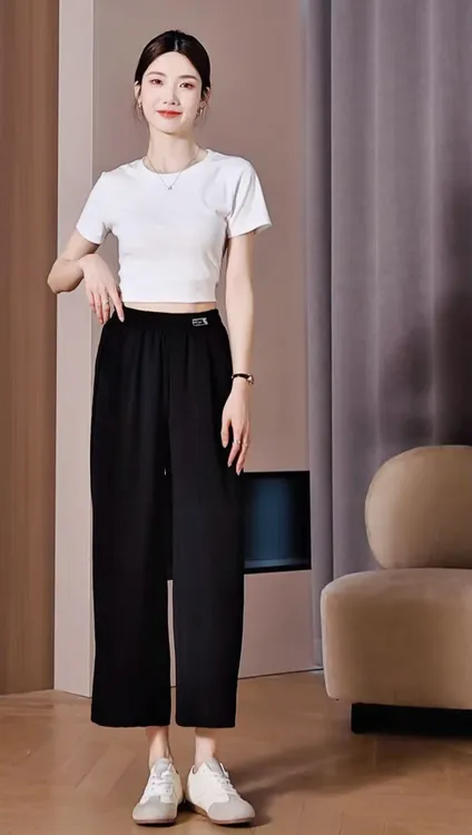 妈妈女裤2025夏季纯色休闲百搭薄款松紧腰宽松显瘦窄版阔腿九分裤