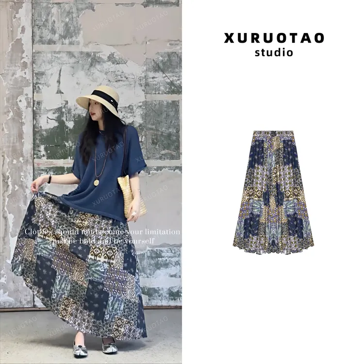 XURUOTAO【回忆海岸】亚麻波西米亚风设计显瘦花色半身裙 T5442