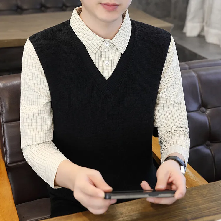 男士春秋毛衣针织衫假两件衬衫领打底衫潮流时尚休闲修身加厚无袖