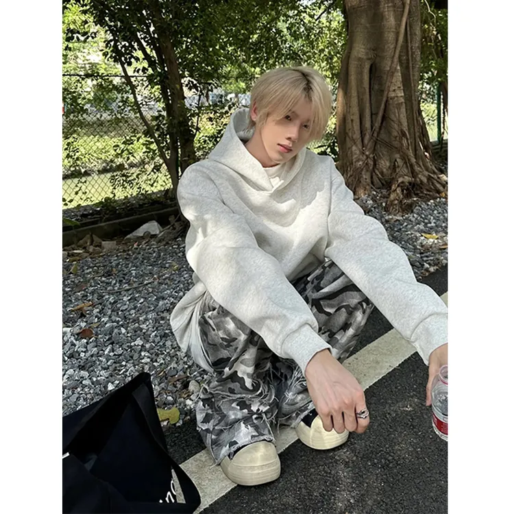 白花灰美式重磅连帽卫衣男春秋无抽绳cleanfit外套慵懒风宽松帽衫