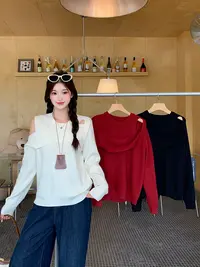 2025秋装新款胖mm大码女甜美设计感露肩镂空针织毛衣上衣71955