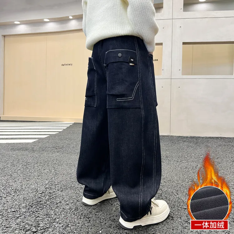 儿童装男童冬季一体加绒裤子2026新款中大童秋冬款男孩加厚牛仔裤