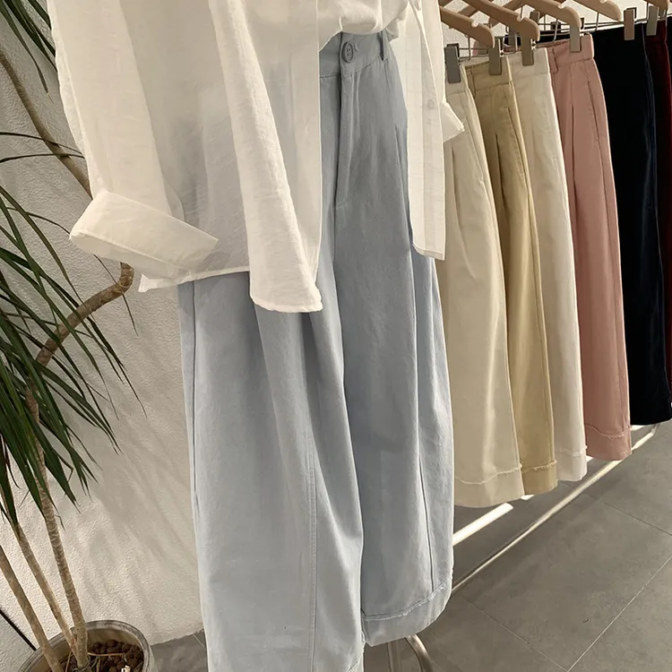 阔腿休闲裤春季新款简约百搭压褶宽松卷边直筒九分裤2108