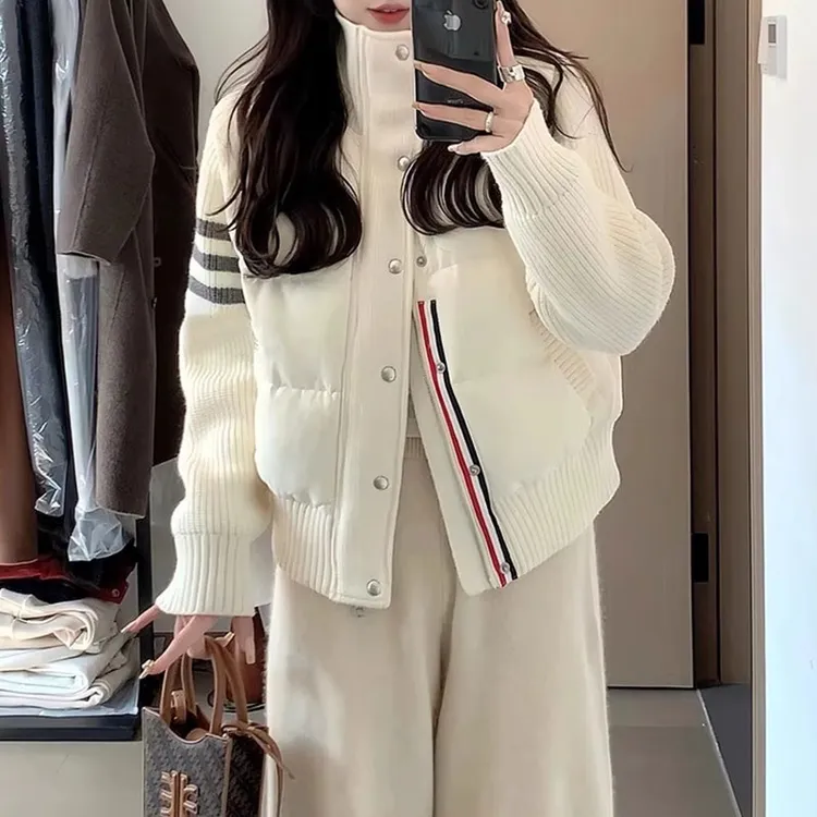 小个子立领短款棉服女秋季2025新款针织拼接设计感休闲假两件外套