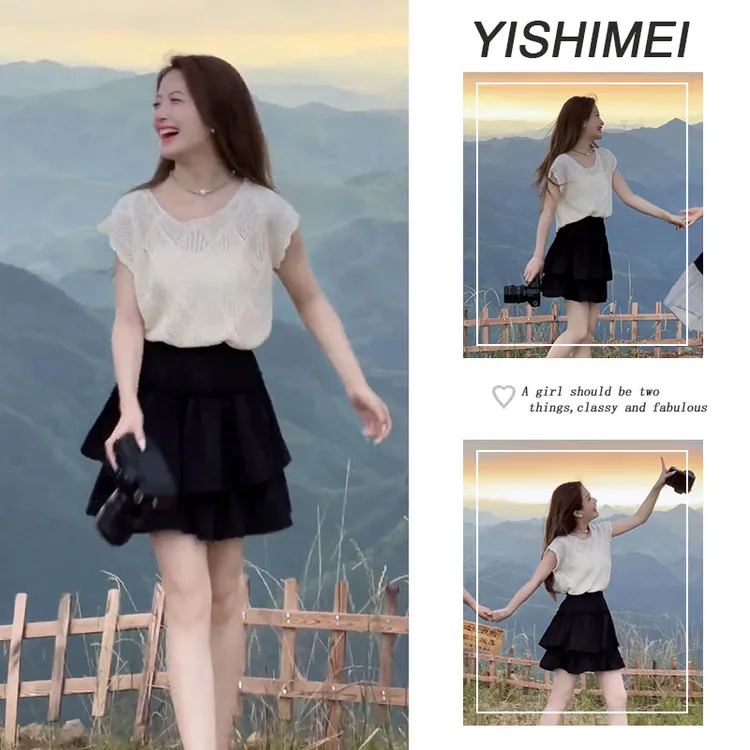 【现货】夏季温柔穿搭2025年新款韩系时尚百搭减龄镂空上衣显瘦短裙