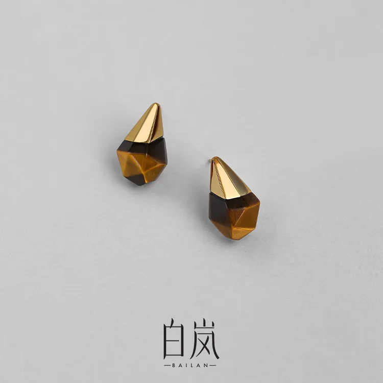 【8月上新】白岚关山耳钉虎睛石耳环耳饰女气质复古饰品ED4717