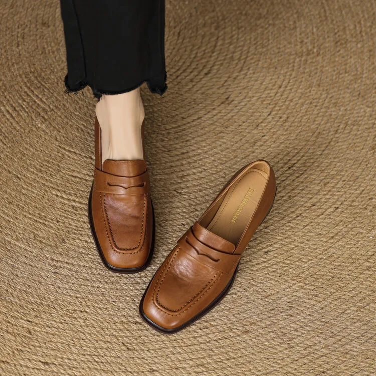 头层牛皮~5cm法式复古深口单鞋中跟粗跟英伦风一脚蹬高跟鞋乐福鞋