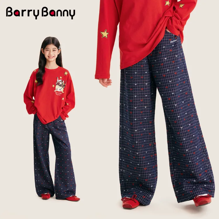 BarryBanny女童爱心格子裤2025秋款中大童休闲百搭阔腿衣服长裤