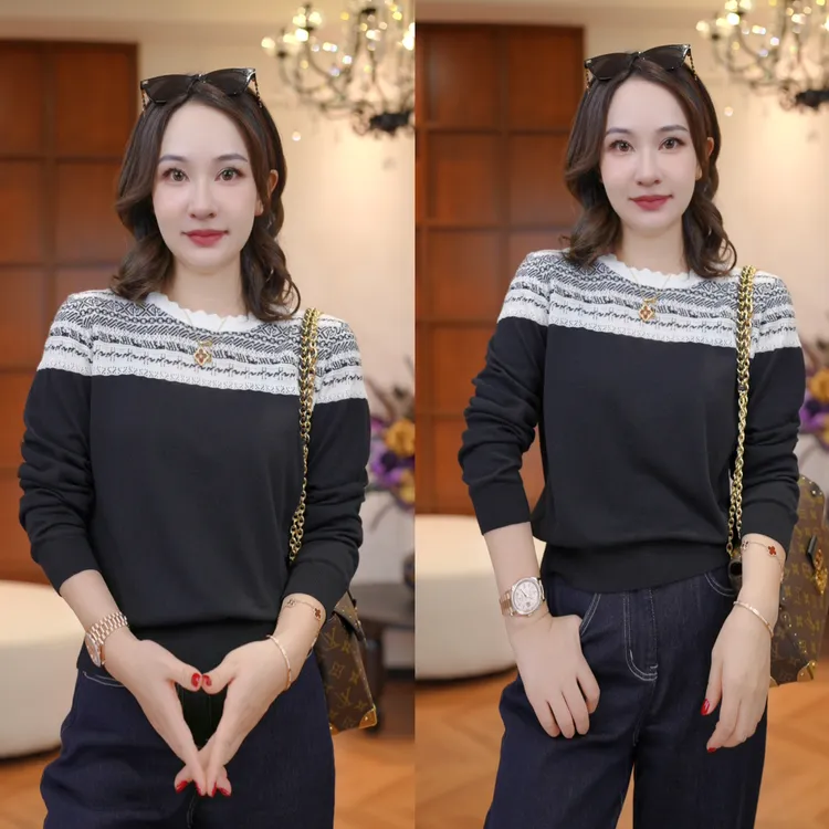 JDND轩羽【费尔岛针织】羊毛撞色宽条纹圆领刺绣针织小衫XY25528