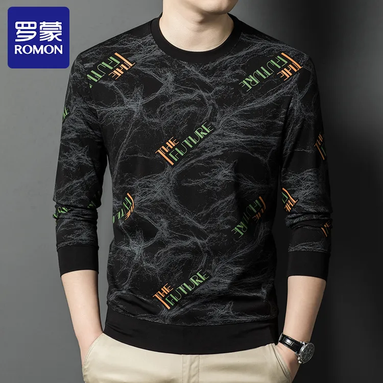 Romon/罗蒙春秋新款长袖t恤男士时尚休闲圆领男装高档潮流卫衣男
