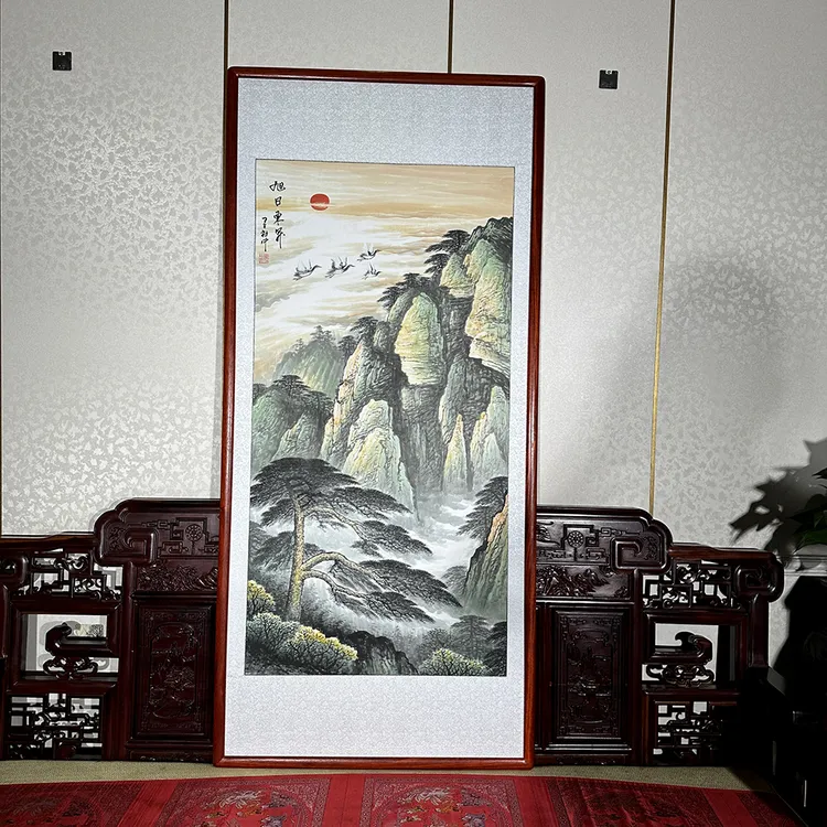 国画山水画手绘画玄关挂画过道走廊画旭日东升水墨画带框画四尺