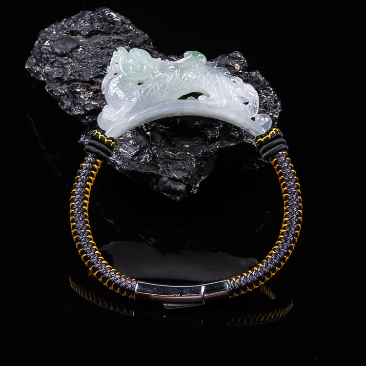 缅甸翡翠手牌冰润飘绿龙牌手绳天然翡翠A货手工编织