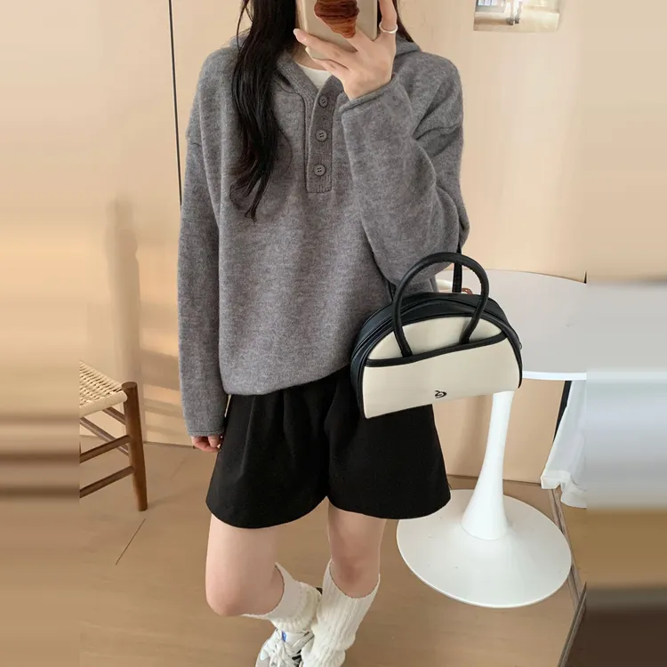 韩系慵懒风灰色连帽毛衣女秋冬季2025新款小个子高级感针织衫上衣