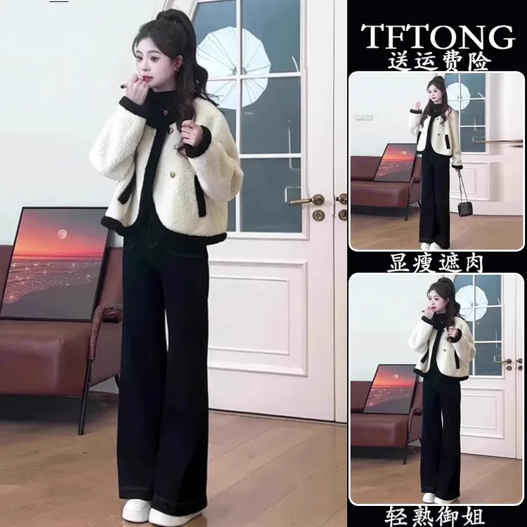 一整套初冬穿搭2024新款小香风时尚保暖加厚短外套半身裙两件套