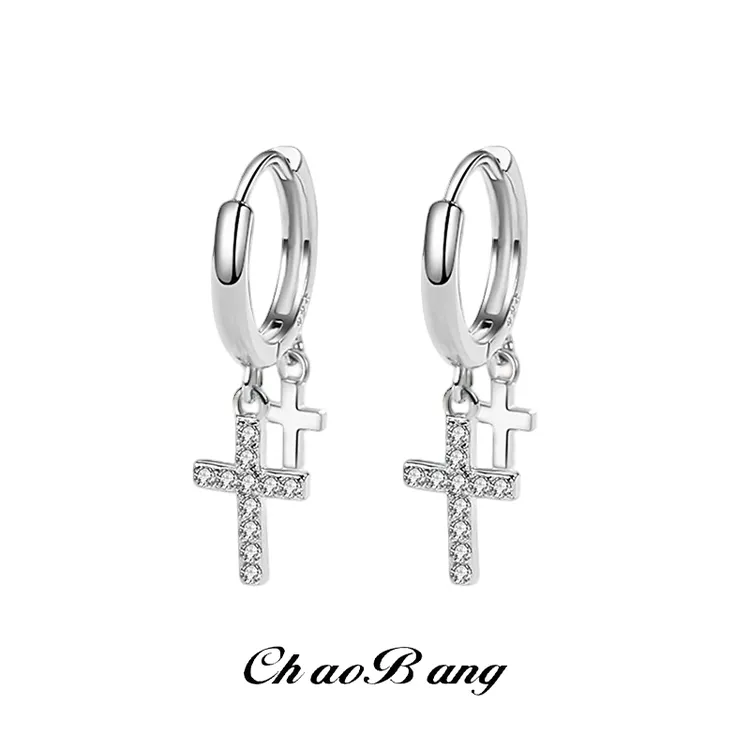 铜合金合成锆石耳饰 双十字架锆石耳环男个性小众配饰高级感饰品
