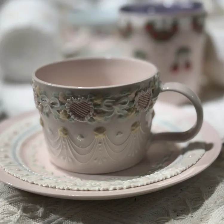 景德镇手作陶瓷杯碟套小清新咖啡杯优雅配碟裱花手绘杯子预存链接