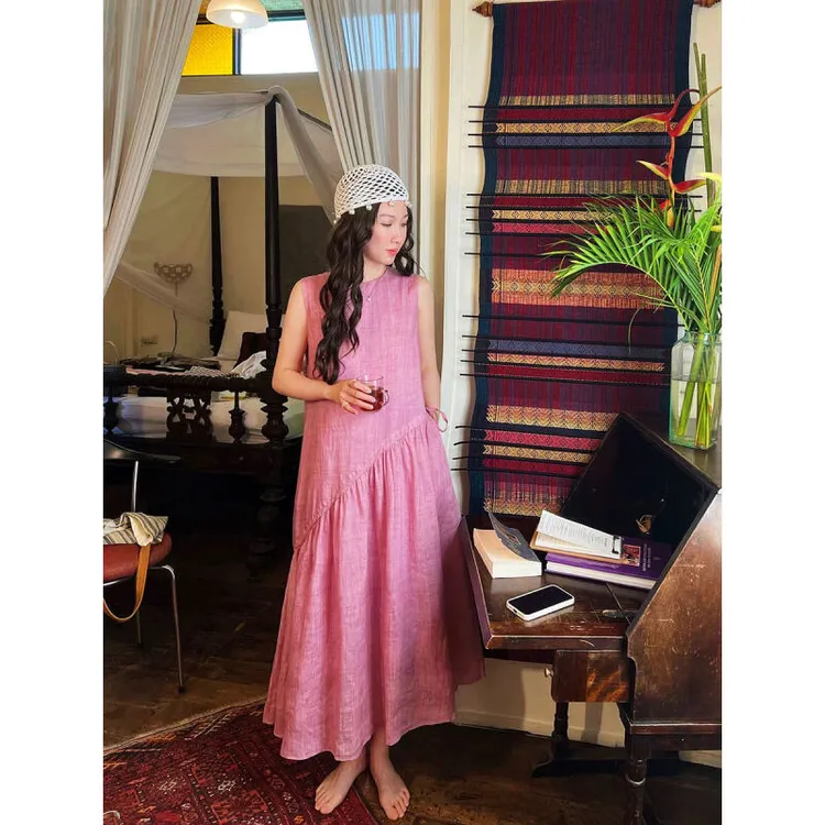 苎麻+天丝！高端法式慵懒抽褶抽绳圆领无袖连衣裙女 258820C2