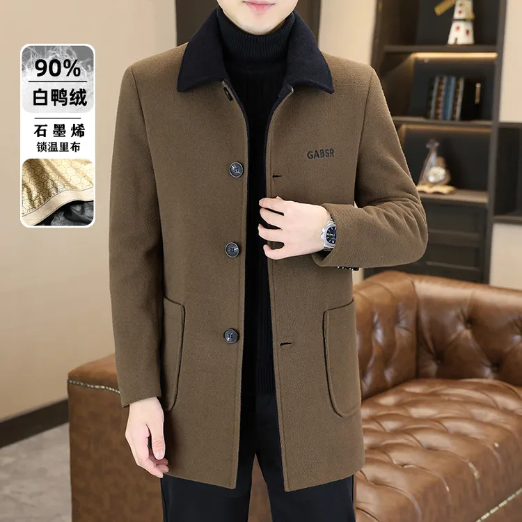 男士高档毛呢外套冬季防寒保暖外套中长款保暖大衣翻领收口大衣