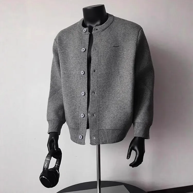 长袖灰色排扣圆领针织开衫夹克男秋冬美式慵懒风重磅潮牌夹克外套