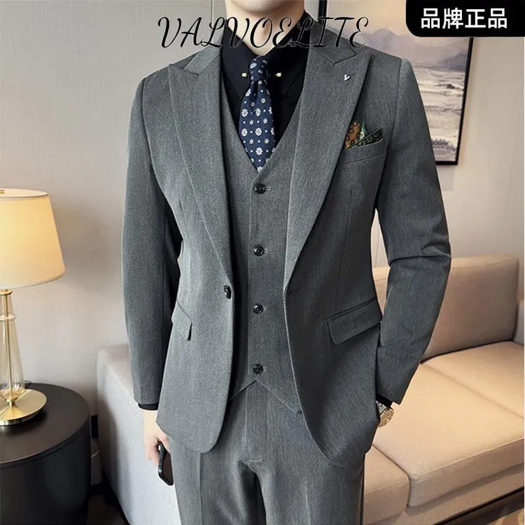 VALVOELITE戗驳领西装男韩版修身外套喜爸爸结婚男士修身西装套装