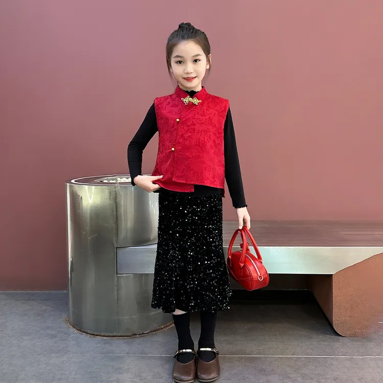 卡酷丘女童秋装新款2025套装童装马甲鱼尾裙打底中式儿童衣服秋款