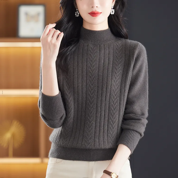 女士毛衣秋冬加厚100%纯羊毛内搭半高领妈妈新款针织宽松羊毛衫