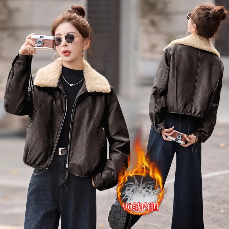 韩系美拉德pu皮羽绒服女短款2025冬季新款宽松加厚保暖白鸭绒外套