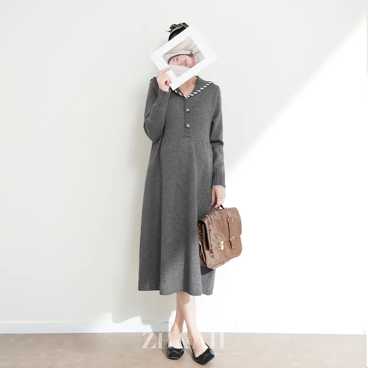 ZH&AH【北欧记事】冬季新款时尚气质百搭设计师款孕期海军领毛衣裙
