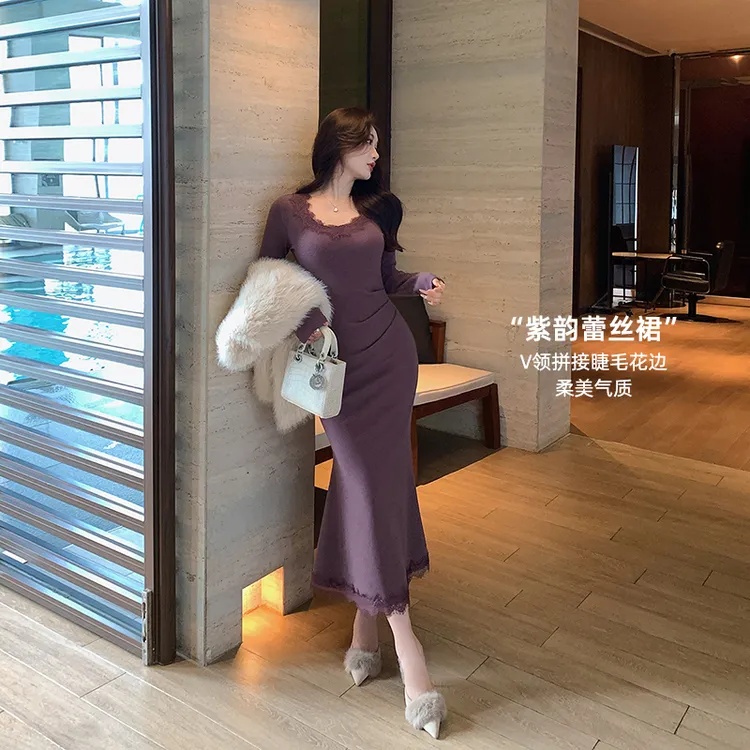 林关关【幽蕾纤姿】氛围感优雅女秋冬鱼尾裙V领蕾丝拼接修身连衣裙