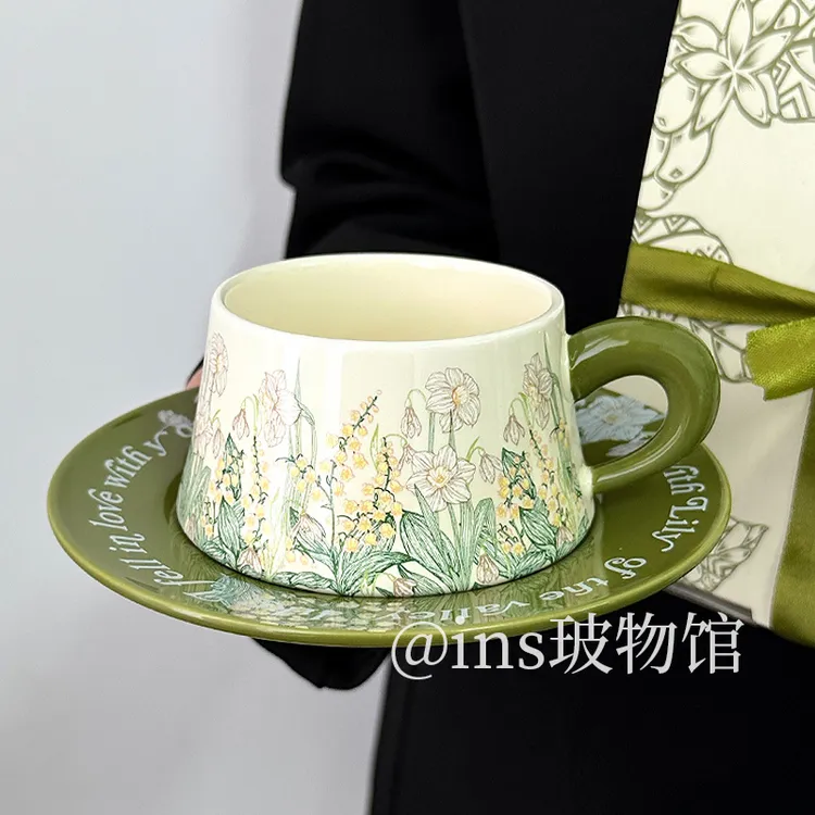 油画风般原创设计风铃花咖啡杯碟套装下午茶水杯陶瓷女生杯子礼物