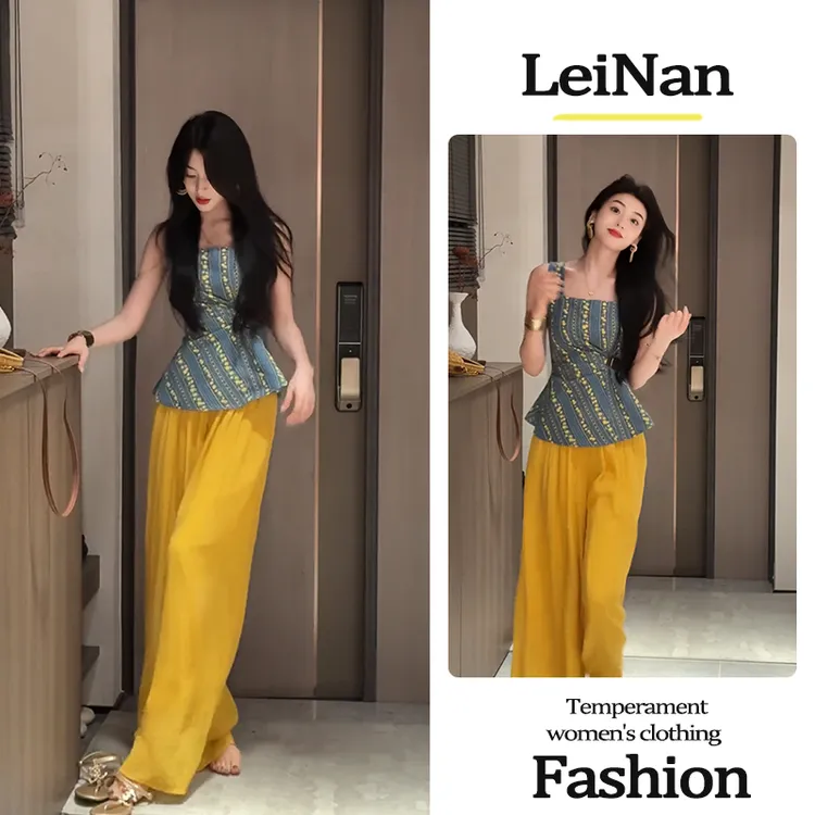 2025夏季新款复古港风无袖衬衫女压褶收腰吊带格子背心休闲裤套装