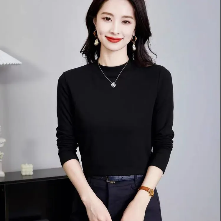 小个子定制黑色长袖半高领圆领时尚百搭纯色螺纹T恤打底【运补6元】