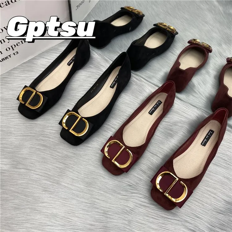 GPTSu新款夏季单鞋复古金属扣方头平底鞋女浅口软底瓢鞋百搭女鞋