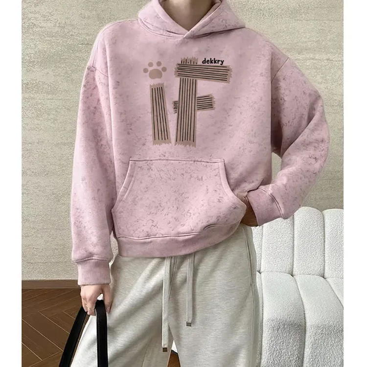 美式创意字母印花扎染连帽卫衣男秋冬季潮牌百搭宽松休闲情侣上衣